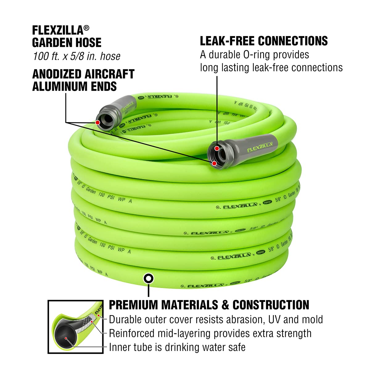 Flexzilla Garden Hose 5/8 in. x 50 ft, Heavy Duty, Lightweight, Drinking Water Safe, ZillaGreen - HFZG550YW-E