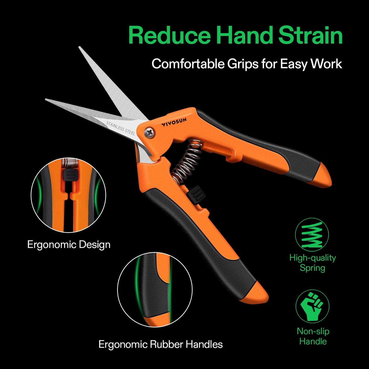 VIVOSUN 6.5 Inch Gardening Scissors Hand Pruner Pruning Shear with Straight Stainless Steel Blades Orange 1-Pack