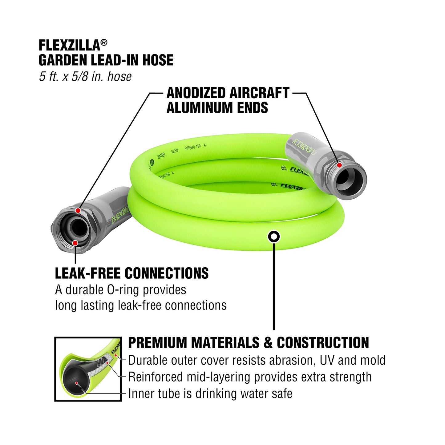 Flexzilla Garden Hose 5/8 in. x 50 ft, Heavy Duty, Lightweight, Drinking Water Safe, ZillaGreen - HFZG550YW-E