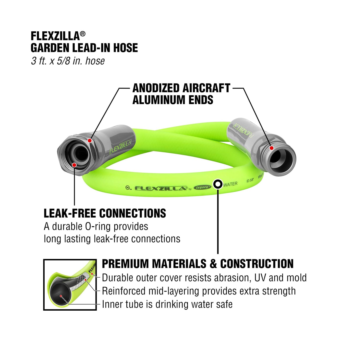 Flexzilla Garden Hose 5/8 in. x 50 ft, Heavy Duty, Lightweight, Drinking Water Safe, ZillaGreen - HFZG550YW-E