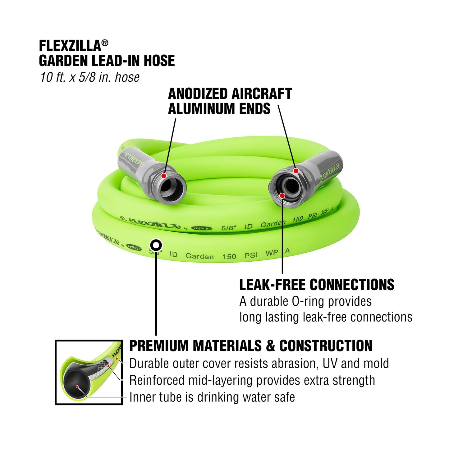 Flexzilla Garden Hose 5/8 in. x 50 ft, Heavy Duty, Lightweight, Drinking Water Safe, ZillaGreen - HFZG550YW-E