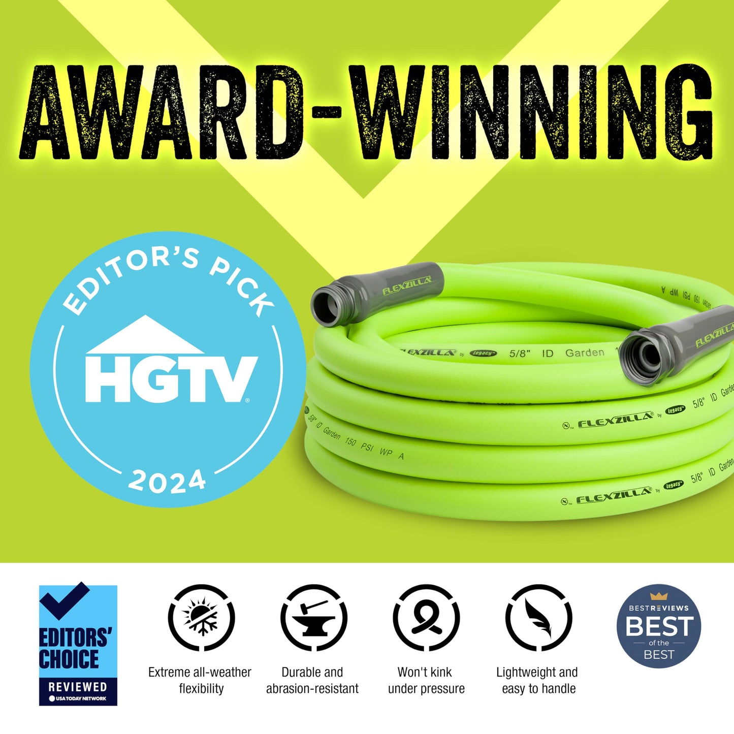 Flexzilla Garden Hose 5/8 in. x 50 ft, Heavy Duty, Lightweight, Drinking Water Safe, ZillaGreen - HFZG550YW-E